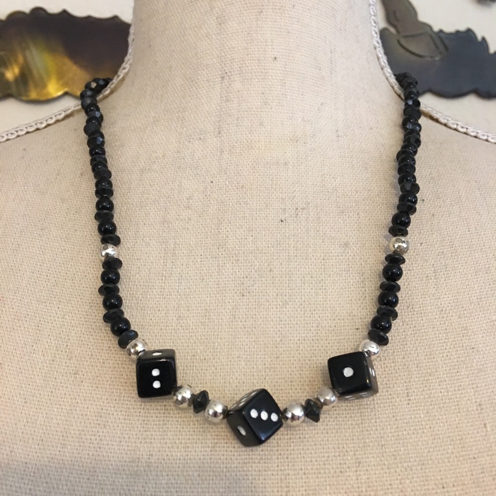 Lucky dice black and silver beaded necklace